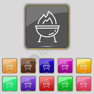 彩色橡皮筋架Grill 图标符号 设置为您网站的11个彩色按钮 矢量插画