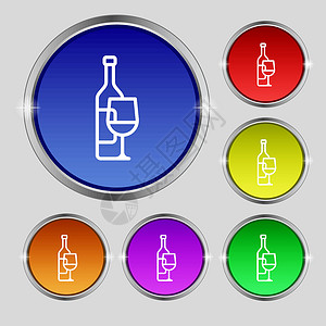 水晶彩色图标酒瓶和酒杯图标标志 明亮的彩色按钮上的圆形符号 韦克托插画