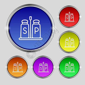 黑胡椒盐和胡椒图标符号 光亮彩色按钮上的圆形符号 矢量设计图片