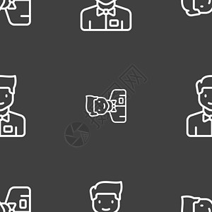服务员图标标志 灰色背景上的无缝模式 韦克托卡通片餐厅互联网职员丫头托盘男人服务器标签插图背景图片