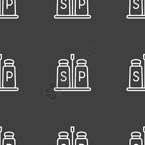 盐水瓶元素盐和胡椒图标标志 灰色背景上的无缝模式 韦克托厨师盐渍摇床风格烹饪工具香料味道设计装饰插画
