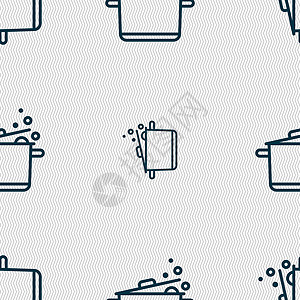 锅图标标志 具有几何纹理的无缝模式 韦克托牛奶平底锅炙烤厨师火锅餐厅烹饪菜单白色沙锅背景图片
