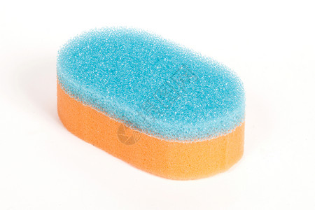 橙色冲刺海绵蓝色厨房聚合物家务泡沫橙子柔软度白色用具卫生背景图片