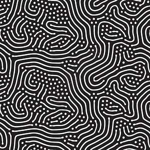 有机不规则圆形线条 矢量无缝黑白图案迷宫艺术包装几何学纺织品插图装饰条纹圆圈风格背景图片