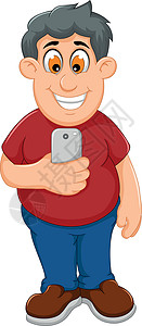 手机微笑玩手机的搞笑胖子卡通插画