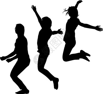 摸高跳三个年轻女孩用手向上运动跳跃的剪影 它制作图案矢量身体黑色女士幸福插图朋友们行动飞行阴影青少年插画