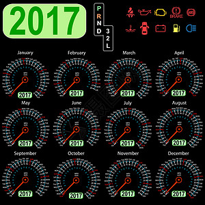 周六2017 年日历车速表车在 vecto仪表海浪商业天气汽车里程表数字插图插画