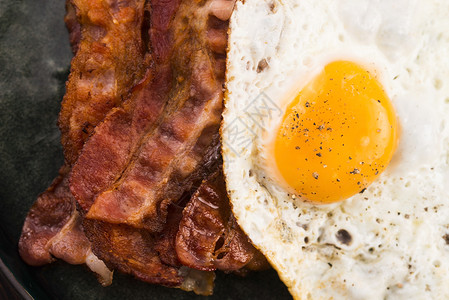 炸鸡蛋和培根早餐服务熏肉条纹食物猪肉饮食白色营养皮疹背景图片