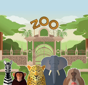 有非洲扁平动物的动物园大门孩子评书剧院绘画兜帽童话篮子骑术女孩危险背景图片