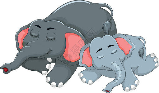 一家四口床上脚可爱的大象卡通 她和她的孩子睡在床上设计图片