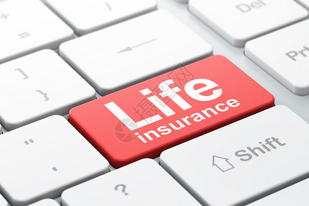 在电脑键盘背景上的保险概念人寿保险钥匙政策白色安全被保险人金融数据技术生活按钮背景图片