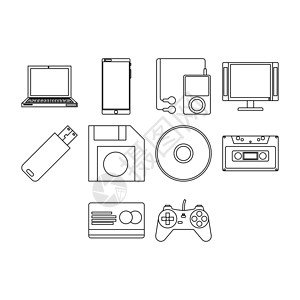 游戏驱动器技术图标集笔记本音乐播放器手机细胞卡通片监视器信用卡手柄电脑软盘插画