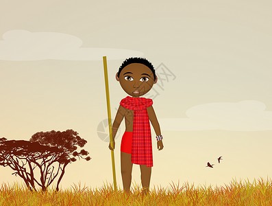 非洲风景中的婴儿Masai部落爆炸丛林文化插图孩子日落男生背景图片