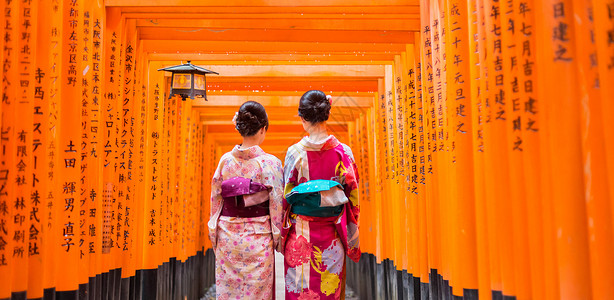 日本京都神社红木托里门两座艺妓高清图片