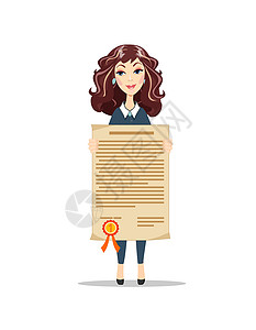 奖学金证书拿着的常设女商务人士设计图片