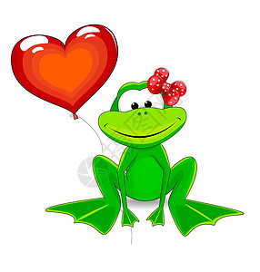 青蛙和气球卡通片插图动物问候语绿色两栖动物红色卡片背景图片