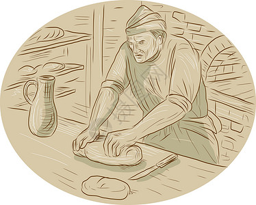 油煎面包丁中世纪贝克克奈丁面包粉面 Oval 绘图男性面包师椭圆形画线男人手工烤箱水壶厨房草图插画