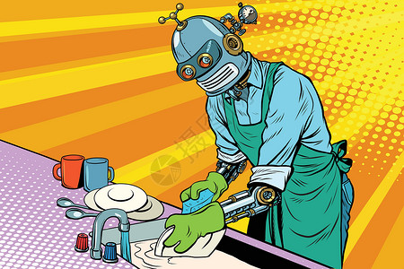 智能洗碗机贵重工人机器人洗碗插画