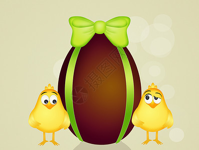 带复活节巧克力蛋的小鸡鸡巧克力庆典问候语插图丝带动物明信片快乐背景图片