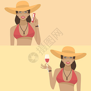 牛仔上衣微笑的女人拿着电话和酒杯设计图片