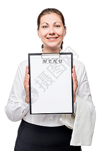 快乐的女服务员 用白色背景的空白菜单项高清图片