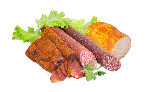 烤猪肉 两条不同的香肠和火腿高清图片