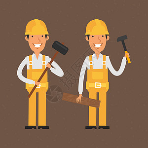 两个工人两个建筑工人拿着锤子笑着微笑插画