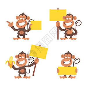 猴子香蕉猴子和空白标牌设计图片
