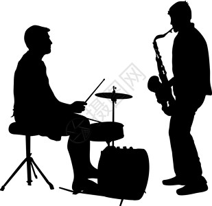 萨克斯管演奏家它制作图案白色背景上的剪影音乐家鼓手和萨克斯管吹奏者插画