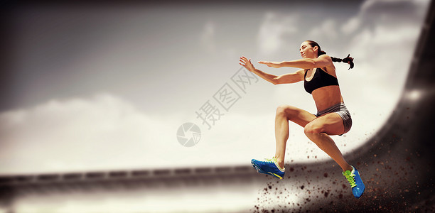 运动妇女跳跃的复合形象游戏聚光灯运动场扇子体育场人群支持者竞技场竞技绘图背景图片