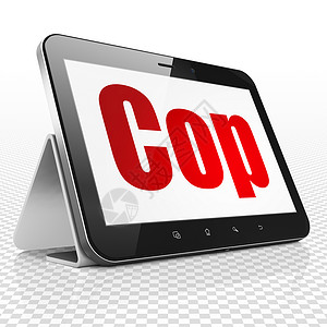 法律概念平板电脑与警察在显示器上财产药片权利笔记本防御屏幕正方形触摸屏保险渲染背景图片