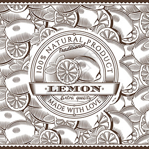 无缝图案上的复古柠檬标签果汁工艺产品水果包装食物雕刻木刻插图市场背景图片