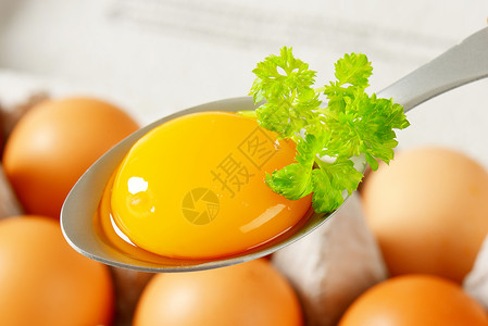 勺子上生蛋黄鸡蛋盒食物蛋盒金属汤匙背景