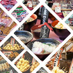 日本食品图像拼凑  旅行背景我的照片红色食物寿司盘子市场标签面条海鲜白色绿色背景图片