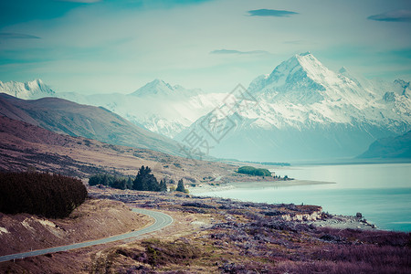 底斯山通往新西兰库克山的电影之路环境顶峰地块驾驶旅游岩石森林登山运输全景背景