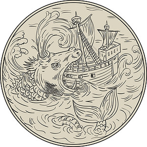 古代海洋怪兽攻击航行船舶环图绘制海蛇帆船桅杆画线神话圆圈牧师动物艺术品纹章设计图片