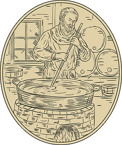 中世纪僧侣酿造啤酒椭圆形抽屉饮料插图男性酒精手绘刮板墨水草图胡须酿酒师设计图片
