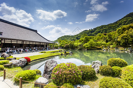 日本花园 日本石块花园的视图 日本京都天柳寺寺庙植物建筑学蓝色旅游公园世界书院大厅绘画图片