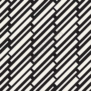 矢量无缝黑白不规则破折号矩形网格模式 抽象几何背景设计艺术白色装饰品窗饰条纹包装黑色马赛克中风平行线插画