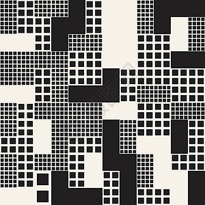 黑色与白色无尽的抽象背景与随机大小的正方形 矢量无缝模式墙纸长方形装饰品平铺织物黑色包装几何学窗饰马赛克插画