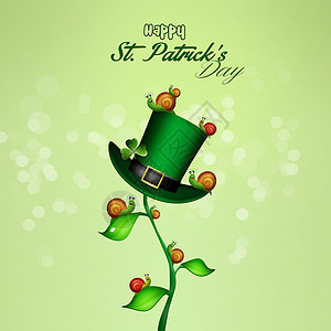 圣帕特里克日明信片运气文化庆典插图三叶草蜗牛金子四叶绿色背景图片