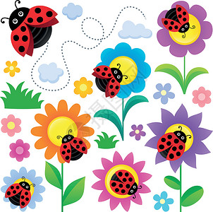 春天的花朵剪贴画瓢虫与鲜花专题系列插画