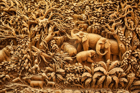 雕刻的泰国大象持有者文化工艺雕塑古董艺术木工木板风格框架背景图片