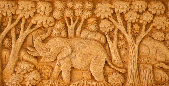 雕刻的泰国大象边界装饰木工艺术持有者木板木头椭圆形工艺风格背景图片