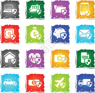 一路顺风保险简单的图标设备存钱罐邮件保护生活公共汽车运输笔记本家庭保险汽车设计图片