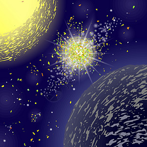 黄色行星流星蓝色太空星背景上的黄色爆炸插画
