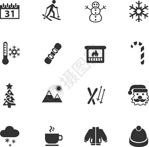 冬季图标 se雪人壁炉滑雪板日历山脉雪花滑雪者夹克杯子温度计背景图片