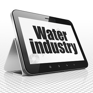 制造概念 显示水工业的平板电脑和显示的水工业背景图片