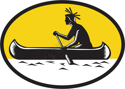 美国原住民印第安人划独木舟木刻版画艺术品木块皮艇雕刻椭圆形印刷第一个人插图油毡背景