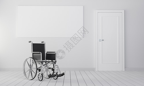 闭着门的轮椅事故房间空间地面框架车轮地方石工3d药品背景图片
